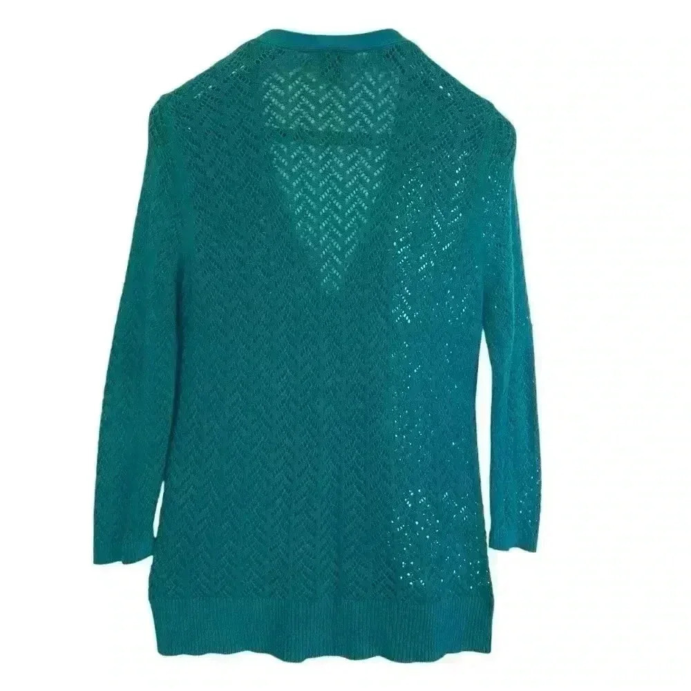 Ann Taylor Open Knit Crochet Cardigan Size L Teal V neck Lightweight Casual Fall - Picture 7 of 9